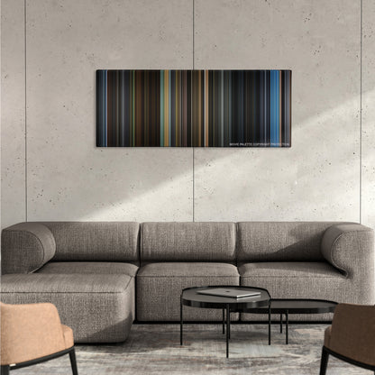 Fantastic Beasts: The Crimes of Grindelwald color palette canvas on a concrete wall above a gray sectional sofa
