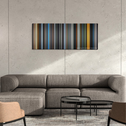 The Motorcycle Diaries color palette canvas on a concrete wall above a gray sectional sofa