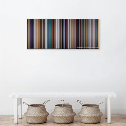 The Incredibles color palette canvas above a white bench with three woven baskets
