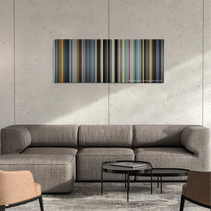 The Counselor color palette canvas on a concrete wall above a gray sectional sofa