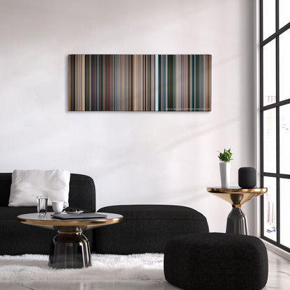 Star Trek color palette canvas above a black sofa with a gold-topped table