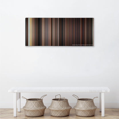 Carrie color palette canvas above a white bench with three woven baskets