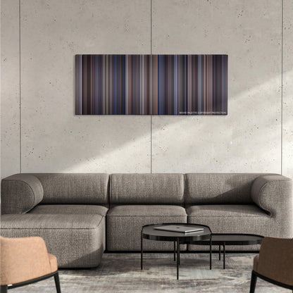 Enemy of the State color palette canvas on a concrete wall above a gray sectional sofa