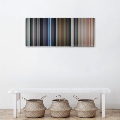 Licence to Kill color palette canvas above a white bench with three woven baskets