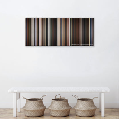 Inherent Vice color palette canvas above a white bench with three woven baskets