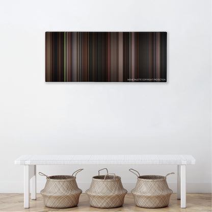 Lady in the Water color palette canvas above a white bench with three woven baskets