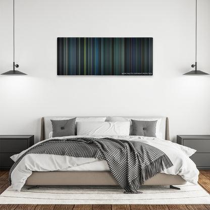 The Cloverfield Paradox color palette canvas above a bed, between two black pendant lamps