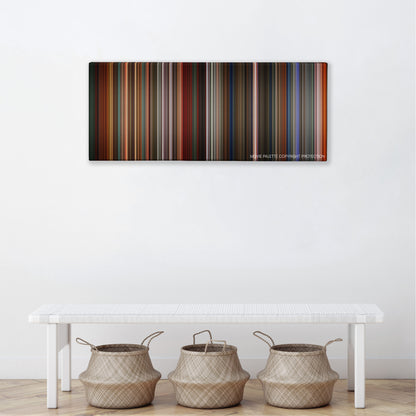 The Last Emperor color palette canvas above a white bench with three woven baskets
