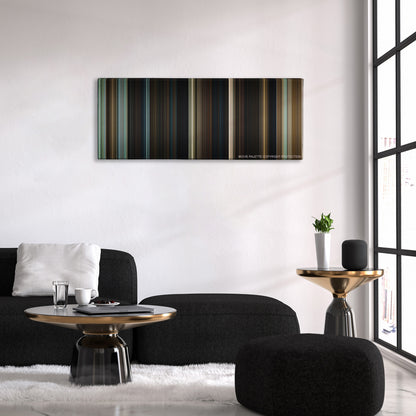 Les Miserables color palette canvas above a black sofa with a gold-topped table