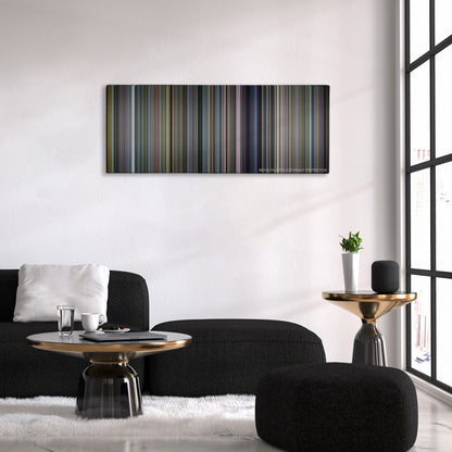 Billy Elliot color palette canvas above a black sofa with a gold-topped table