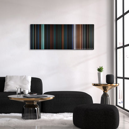 Escape from New York color palette canvas above a black sofa with a gold-topped table