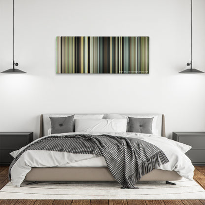 The Devil All the Time color palette canvas above a bed, between two black pendant lamps