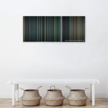 Money Monster color palette canvas above a white bench with three woven baskets