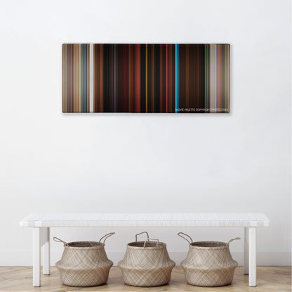 Booksmart color palette canvas above a white bench with three woven baskets