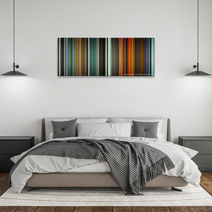 Blade Runner 2049 color palette canvas above a bed, between two black pendant lamps