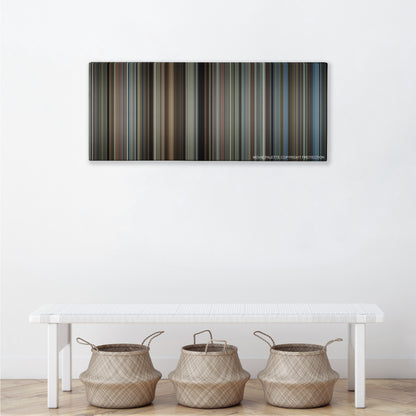 Foxcatcher color palette canvas above a white bench with three woven baskets
