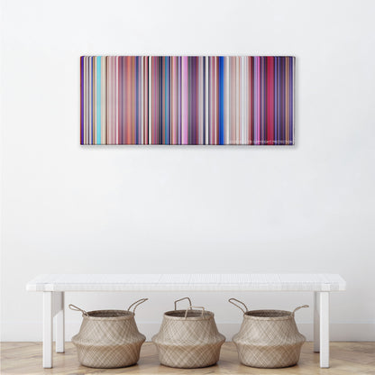 Sing color palette canvas above a white bench with three woven baskets