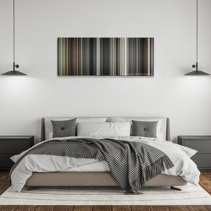 Interstellar color palette canvas above a bed, between two black pendant lamps