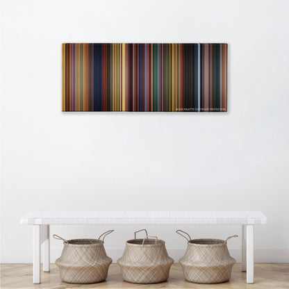 The Prince of Egypt color palette canvas above a white bench with three woven baskets