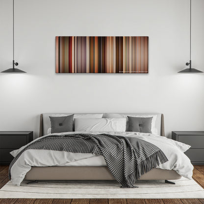 Pulp Fiction color palette canvas above a bed, between two black pendant lamps