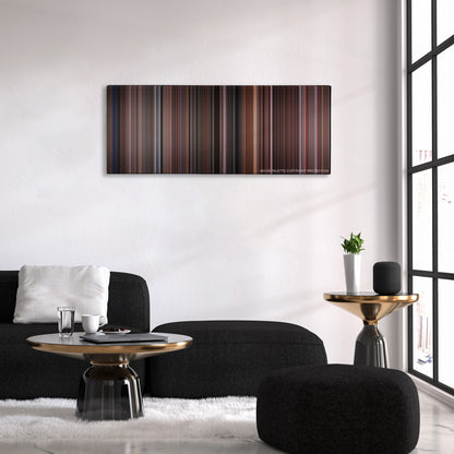 Big Trouble in Little China color palette canvas above a black sofa with a gold-topped table