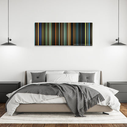 The Last Witch Hunter color palette canvas above a bed, between two black pendant lamps