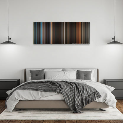 Batman Begins color palette canvas above a bed, between two black pendant lamps