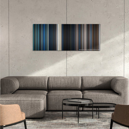 Maze Runner: The Scorch Trials color palette canvas on a concrete wall above a gray sectional sofa
