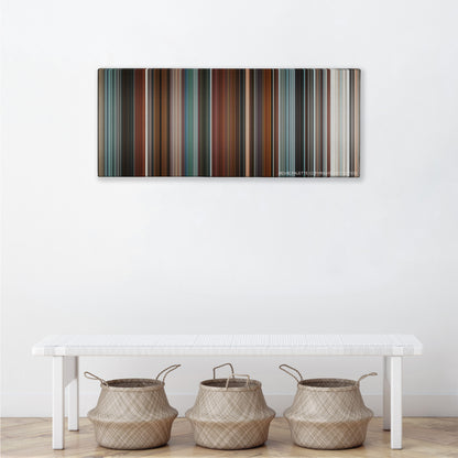 Four Brothers color palette canvas above a white bench with three woven baskets