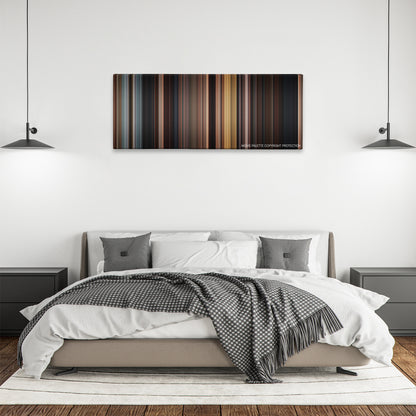 Conan the Barbarian color palette canvas above a bed, between two black pendant lamps