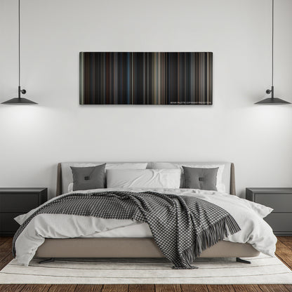 The Dark Knight Rises color palette canvas above a bed, between two black pendant lamps
