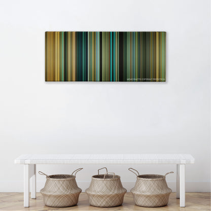 Colombiana color palette canvas above a white bench with three woven baskets