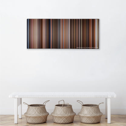 The Big Lebowski color palette canvas above a white bench with three woven baskets