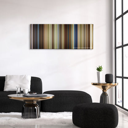 Leap Year color palette canvas above a black sofa with a gold-topped table
