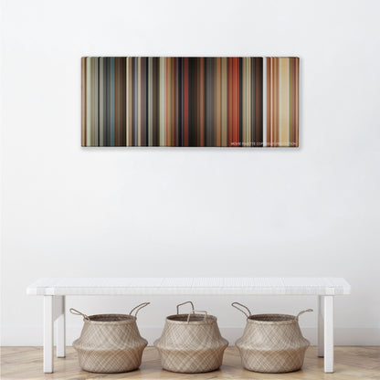 Harold & Kumar Escape from Guantanamo Bay color palette canvas above a white bench with three woven baskets