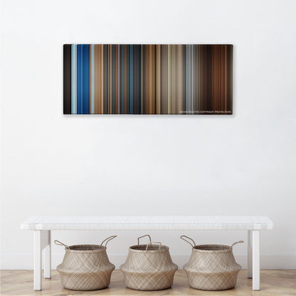 National Treasure color palette canvas above a white bench with three woven baskets