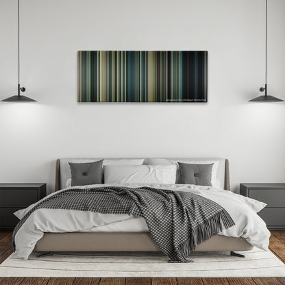 Edge of Tomorrow color palette canvas above a bed, between two black pendant lamps
