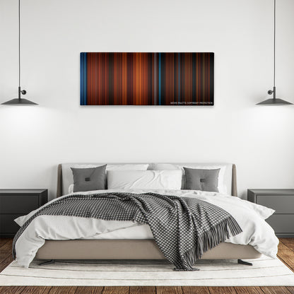 The Invitation color palette canvas above a bed, between two black pendant lamps