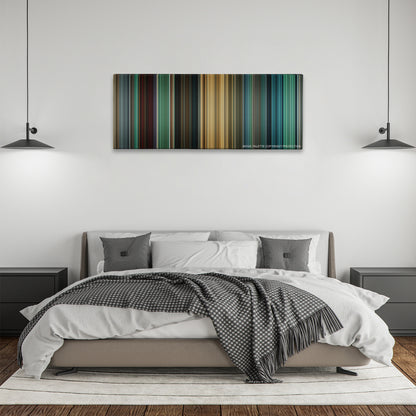 World War Z color palette canvas above a bed, between two black pendant lamps