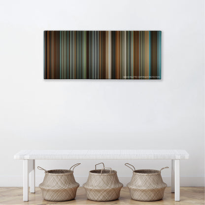 Philomena color palette canvas above a white bench with three woven baskets