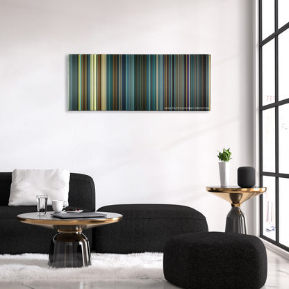 Geostorm color palette canvas above a black sofa with a gold-topped table