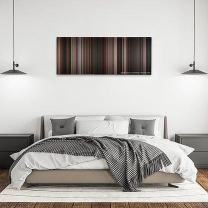 Lady in the Water color palette canvas above a bed, between two black pendant lamps