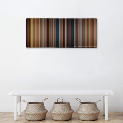 The Five-Year Engagement color palette canvas above a white bench with three woven baskets