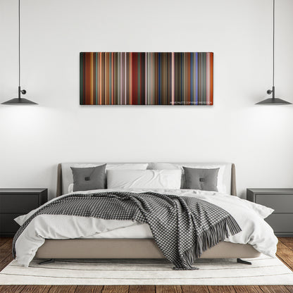The Last Emperor color palette canvas above a bed, between two black pendant lamps