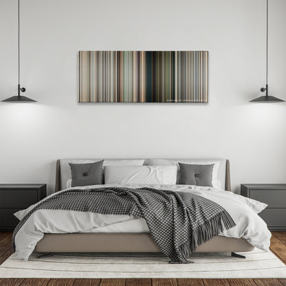 District 9 color palette canvas above a bed, between two black pendant lamps