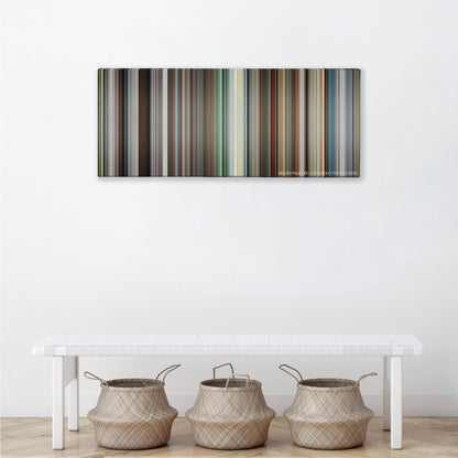 The Other Woman color palette canvas above a white bench with three woven baskets
