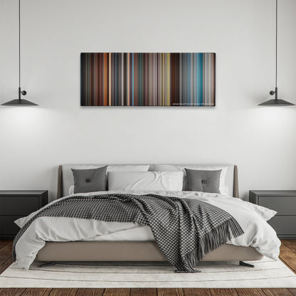 X-Men: First Class color palette canvas above a bed, between two black pendant lamps