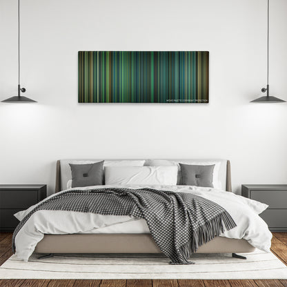 Lockout color palette canvas above a bed, between two black pendant lamps