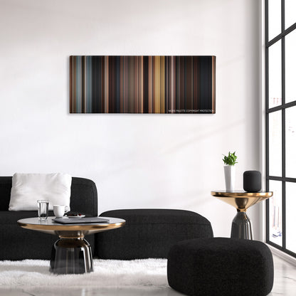 Conan the Barbarian color palette canvas above a black sofa with a gold-topped table