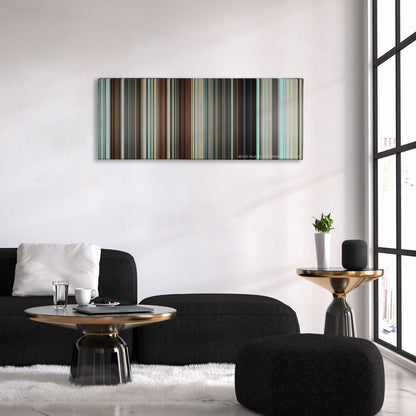 Hot Fuzz color palette canvas above a black sofa with a gold-topped table